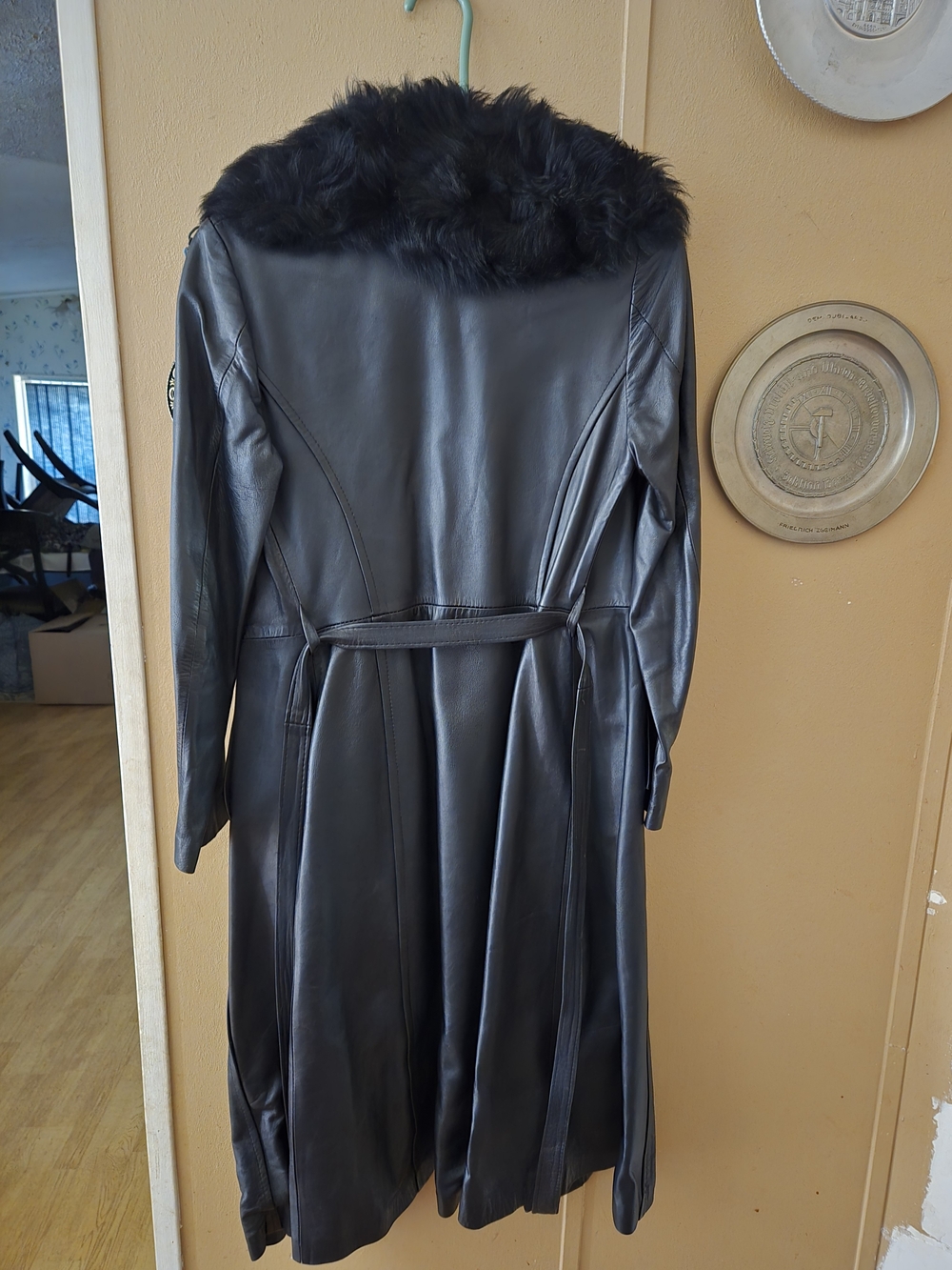 Women’s Black Leather Coat with Fur Collar - Picture 2 of 4
